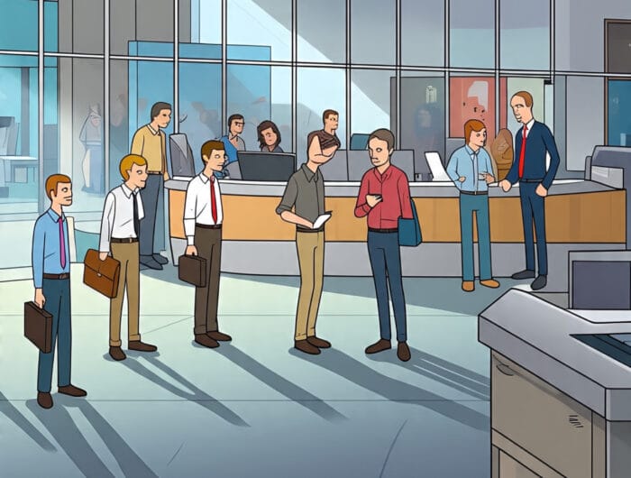 Ilustrasi orang yang mengantri untuk mencari lowongan kerja.