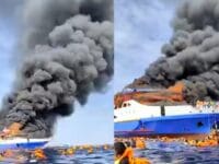 KM Barcelona V terbakar di tengah laut perairaan Sulawesi Utara. Penumpang menyelamatkan diri dengan melompat ke laut.