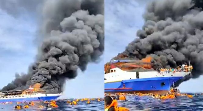 KM Barcelona V terbakar di tengah laut perairaan Sulawesi Utara. Penumpang menyelamatkan diri dengan melompat ke laut.
