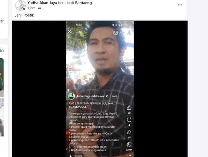 JANJI POLITIK. Potongan gambar video saat Suwardi yang merupakan tim pemenangan Bupati Bantaeng kembali beredar di medsos. Video itu menjanjikan seragam sekolah gratis untuk murid dan guru.