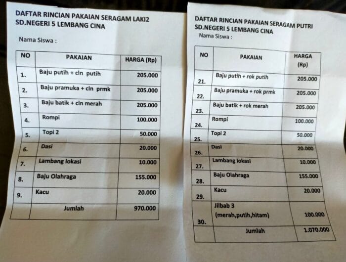 Daftar harga seragam sekolah yang beredar di media sosial. Seragam sekolah di Kabupaten Bantaeng kini tidak gratis lagi.