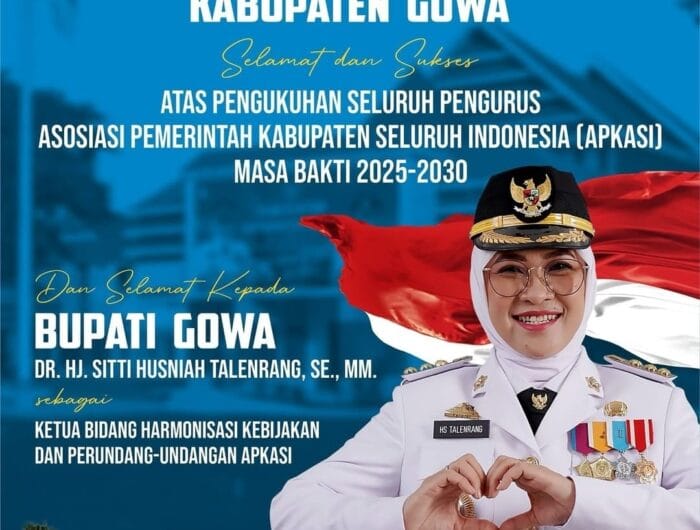 SINERGI. Flyer ucapan selamat untuk Bupati Gowa atas pelantikan sebagai Ketua Bidang Harmonisasi kebijakan dan perundang-undangan APKASI.