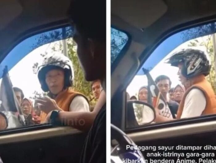 Rekaman layar gambar seorang pria yang mengaku prajurit TNI menganiaya pedagang sayur yang mengibarkan bendera One Piece.
