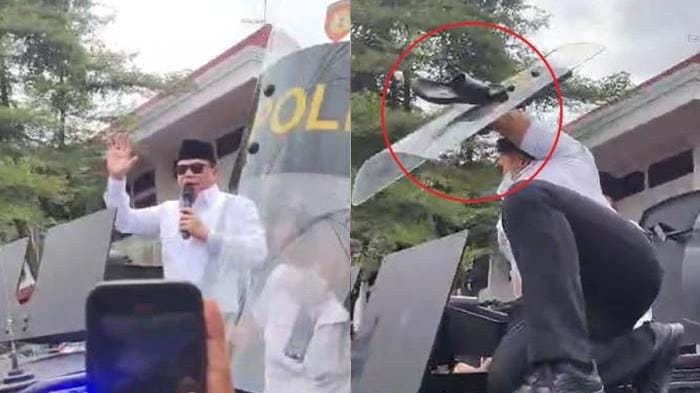 SENDAL. Bupati Pati, Sadewo saat dilempari botol dan sendal oleh para demonstran. Krisis politik di Pati membuat DPRD segera membentuk Pansus untuk memakzulkan Sadewo.