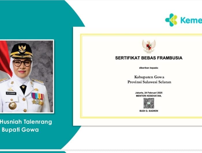Predikat daerah yang bebas penyakit Frambusia dari Kementerian kesehatan yang diterima oleh Pemkab Gowa.