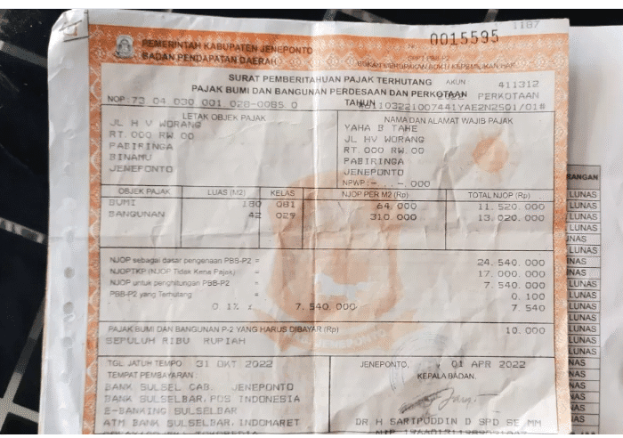 Ilustrasi: SPPT PBB Pemkab Jeneponto