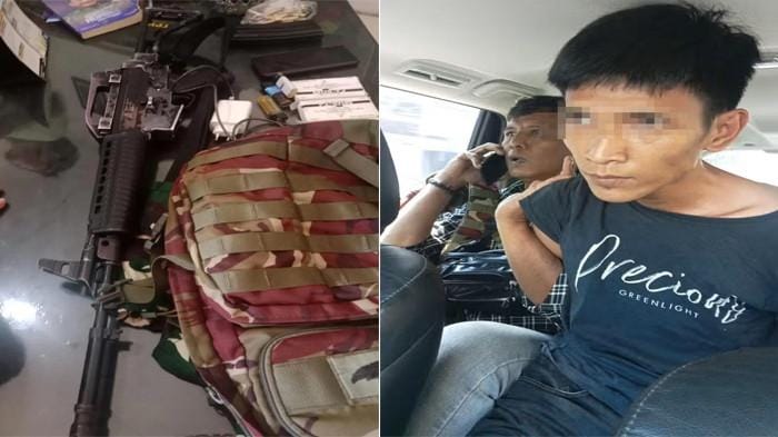 TEMBAKAN. Oknum Anggota TNI, Praka S yang ditangkap setelah melepaskan tembakan di sebuah bank BUMN di Kabupaten Gowa, Kamis, 25 September 2025.