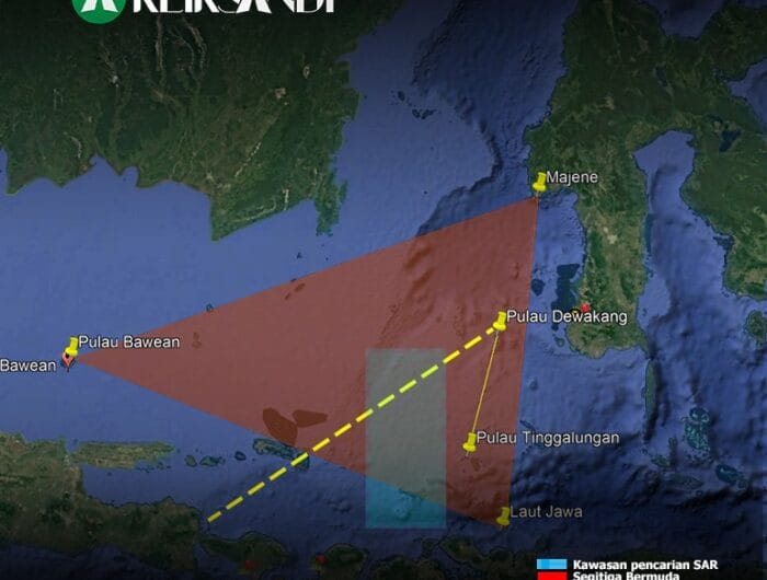TERSESAT. Grafis lokasi segitiga bermuda, arah perjalanan kapal ambulans pangkep dan perkiraan titik ditemukannya kapal.