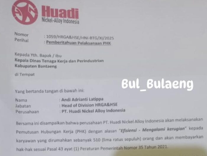RESMI. Surat resmi PT Huadi Nickel Alloy yang beredar di media sosial tentang PHK 510 buruh di pabrik smelter itu.