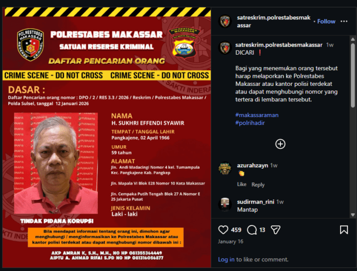 DPO. Polisi mengumumkan seorang pengusaha asal Pangkep sebagai Daftar Pencarian Orang (DPO).