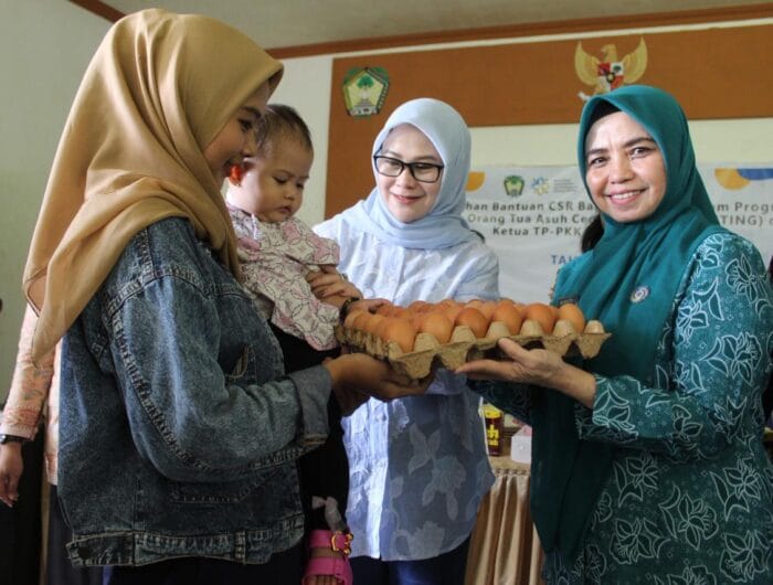 KOLABORASI KEBAIKAN. Ketua Tim Penggerak PKK Kabupaten Gowa, Andi Tenri Indah Darmawangsyah saat menyerahkan bantuan pencegahan stunting yang merupakan kolaborasi dengan Bank Sulselbar.
